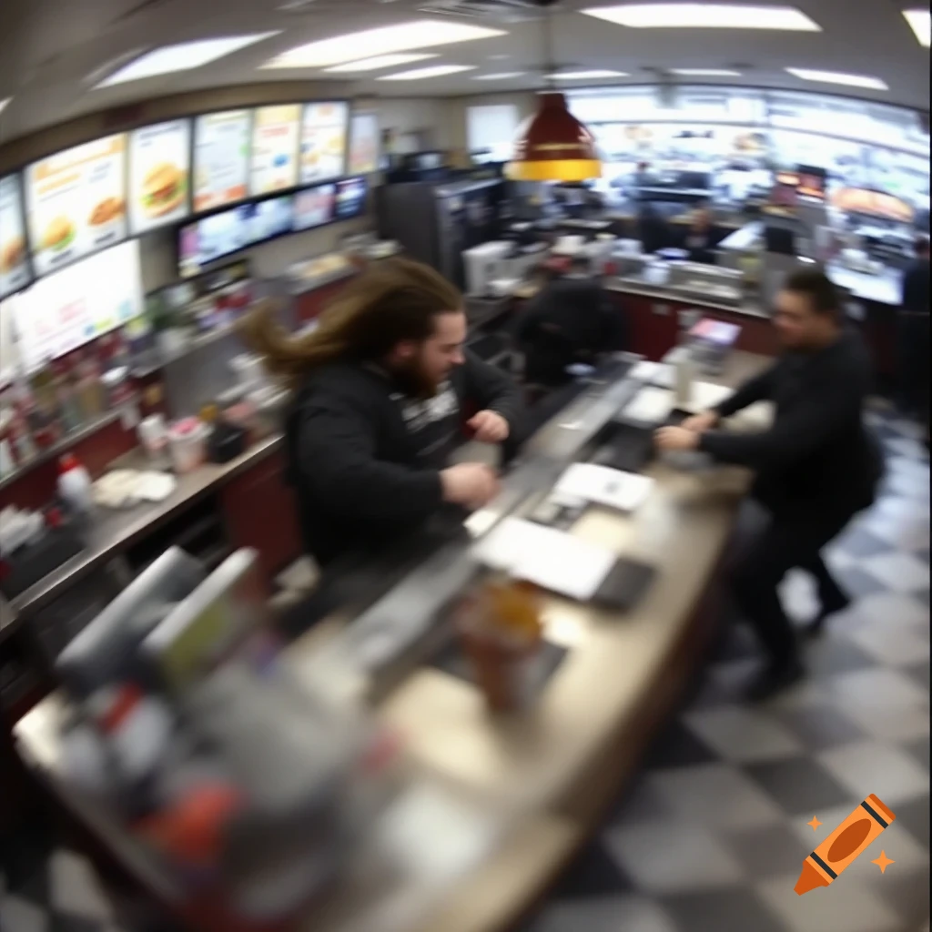 Blurry wide-angle view inside a fast-food restaurant with two figures scuffling near the counter.