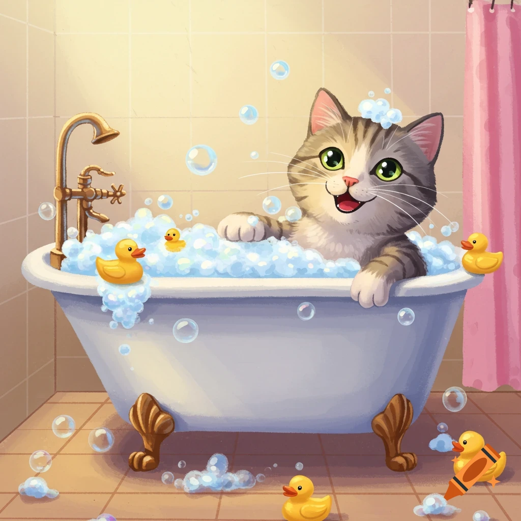 A happy cartoon cat sits in a bubble bath with rubber ducks.