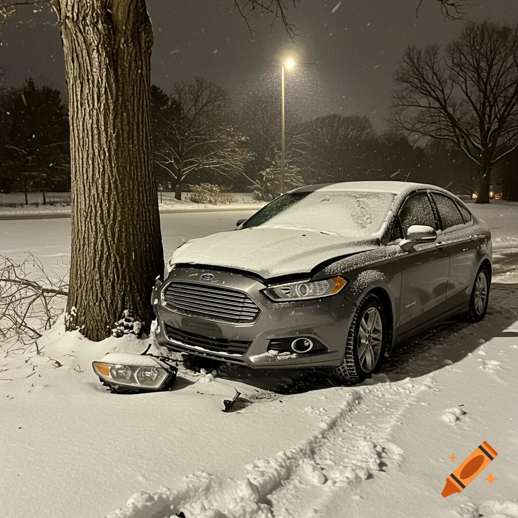 Grey Ford Fusion crashed into a tree on a snowy night, front end damaged, headlight on ground