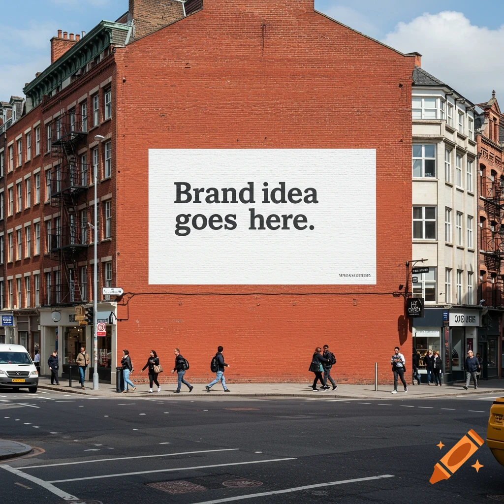 Photorealistic image of a large billboard on a red brick building reading 'Brand idea goes here', in a bustling city street with pedestrians.