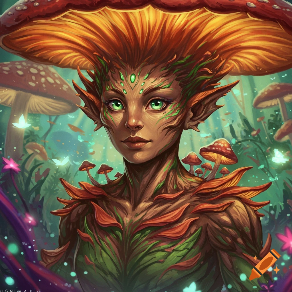 A fungal fantasy creature with green eyes and a mushroom cap headdress in a forest.