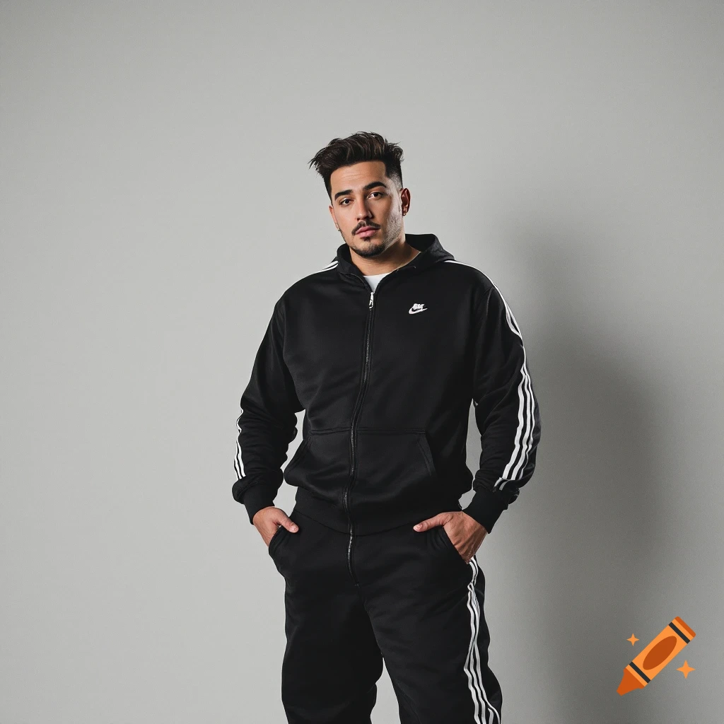 A man in a black tracksuit with white stripes poses for a studio photoshoot.