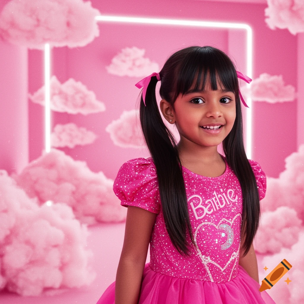 Young girl in pink Barbie dress with pigtails standing in a pink room with clouds.