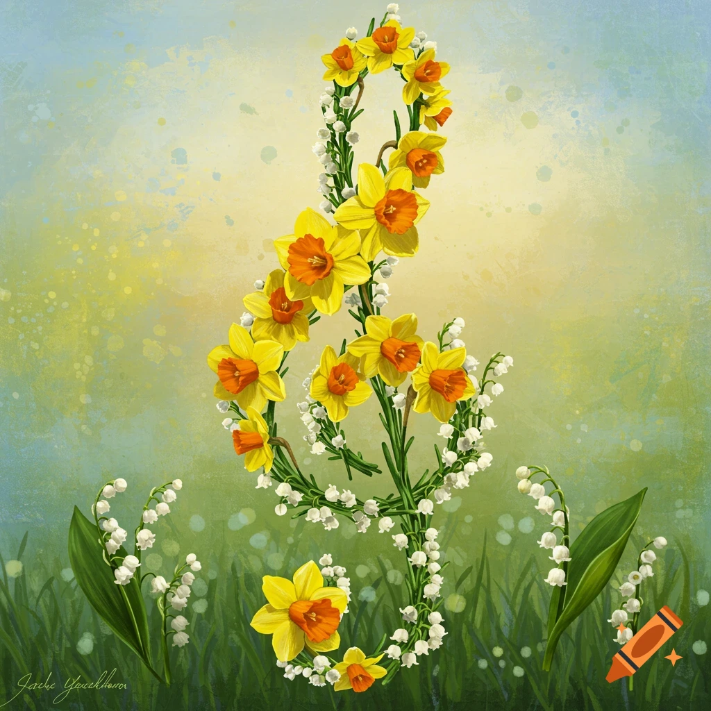 A treble clef made of daffodils and lily of the valley in a field.