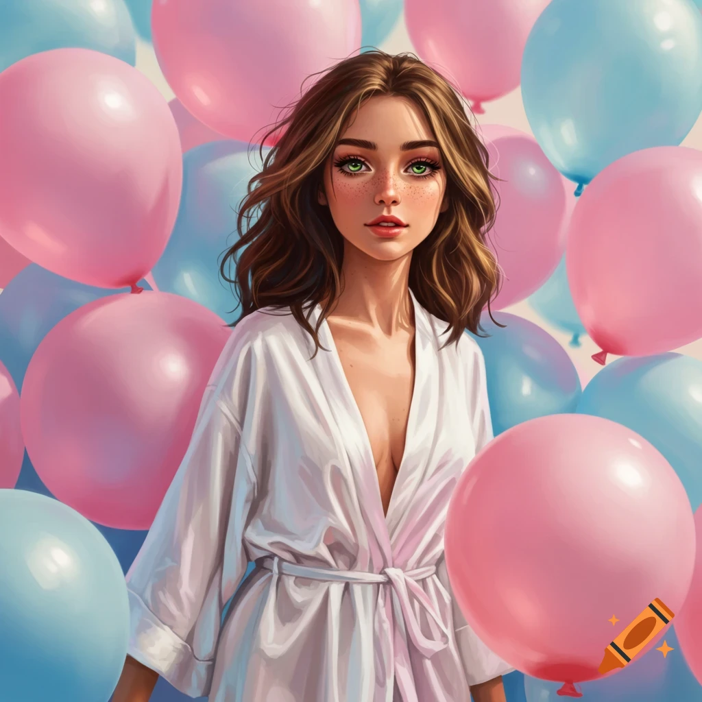 A young woman with green eyes and freckles is surrounded by pink and blue balloons.
