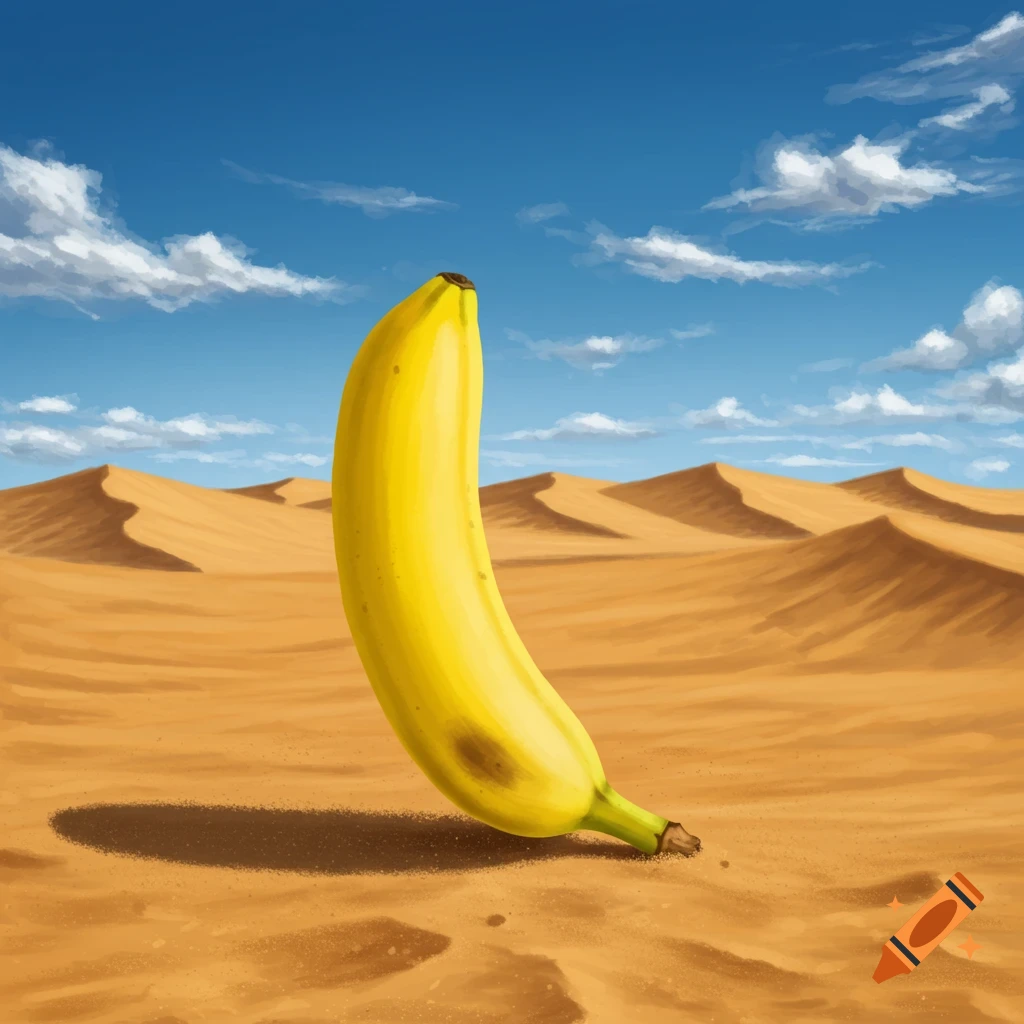 A single yellow banana standing upright in a sandy desert with dunes under a blue sky with clouds.