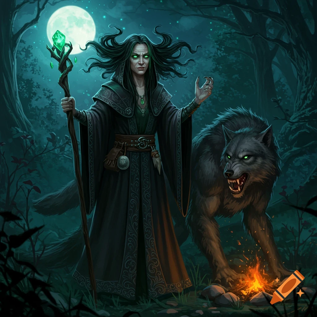 A witch stands with a glowing staff next to a snarling wolf by a campfire in a dark forest under a full moon.
