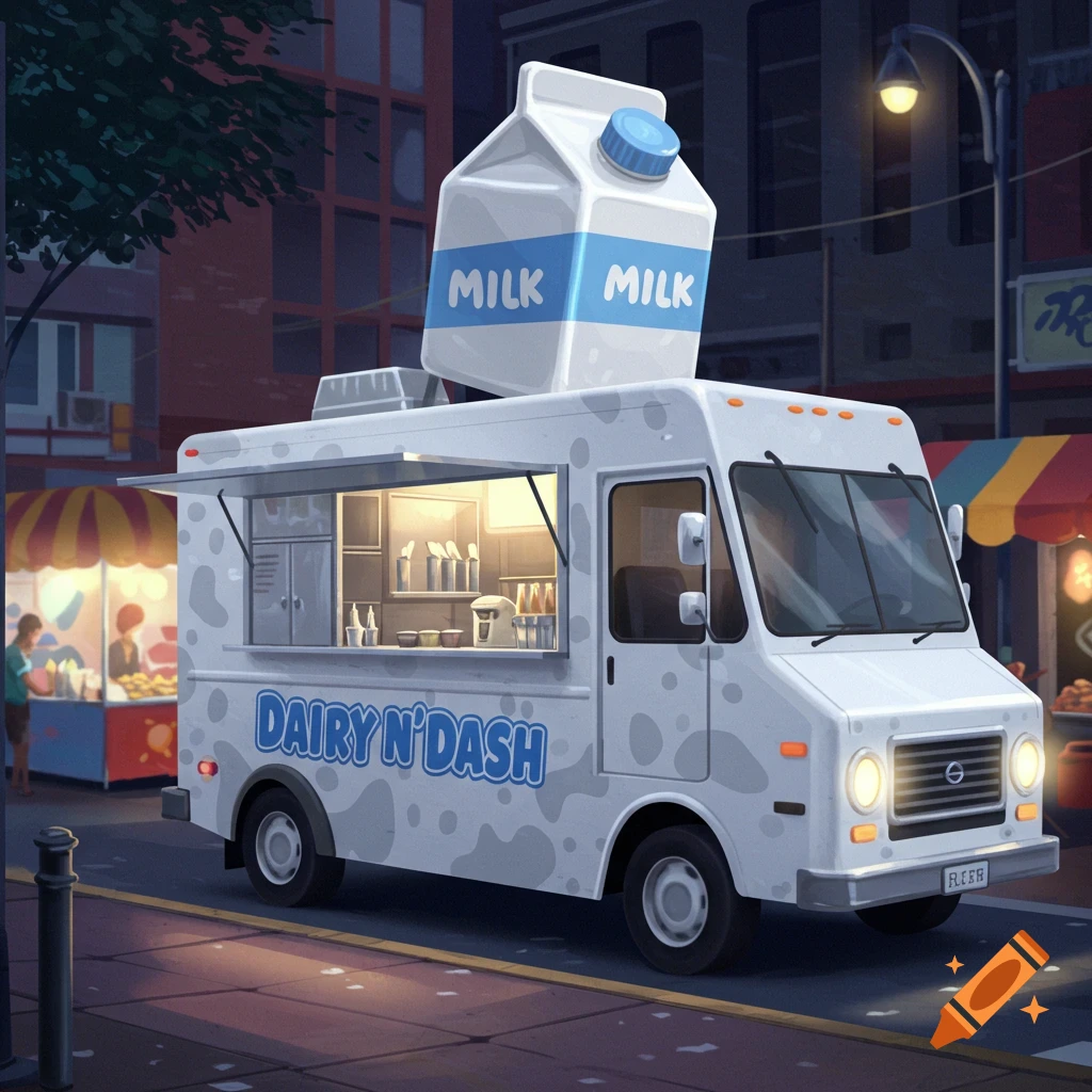 A stylized illustration of a Dairy N Dash food truck with a large milk carton on top, parked on a city street.