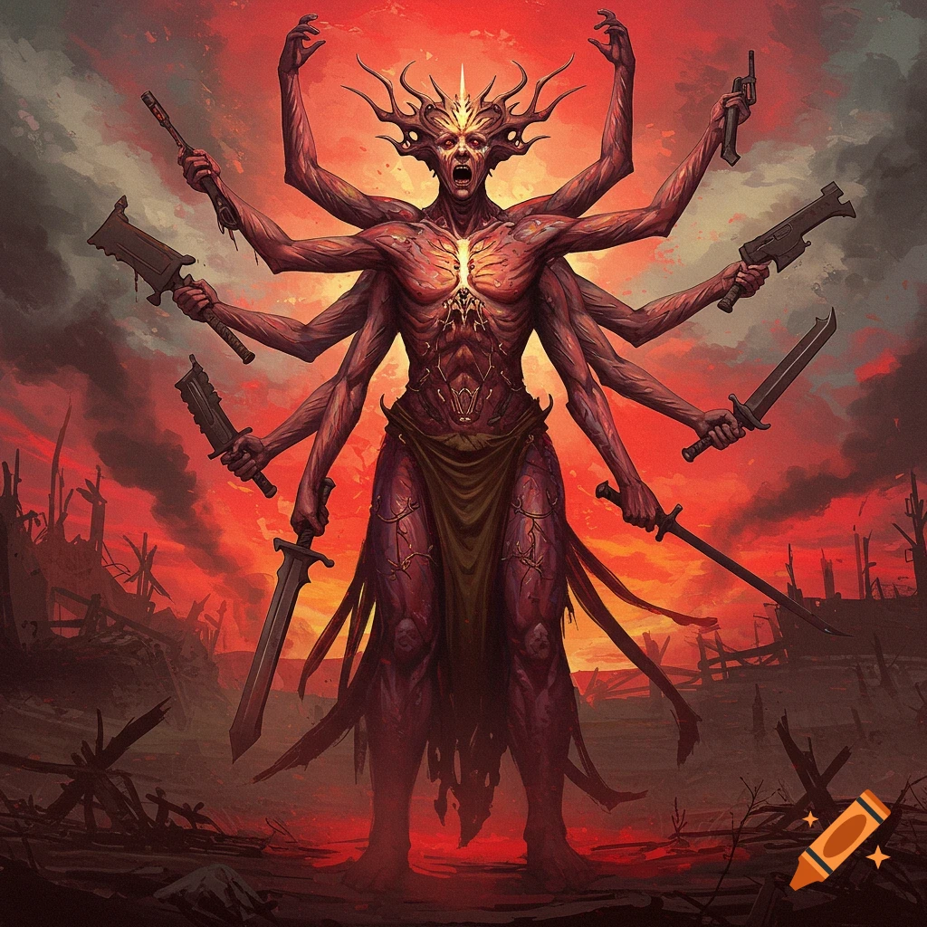 A multi-limbed creature roars in a fiery, desolate landscape, holding various weapons.