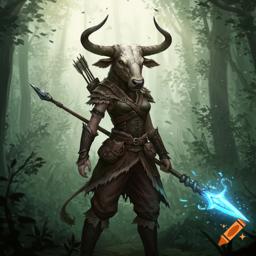 A minotaur warrior stands in a forest, holding a glowing spear and arrows.