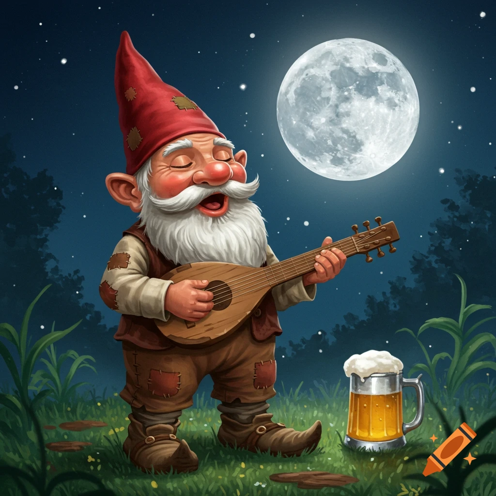 A cheerful gnome plays a stringed instrument under a bright full moon, with a frothy mug of beer beside him.