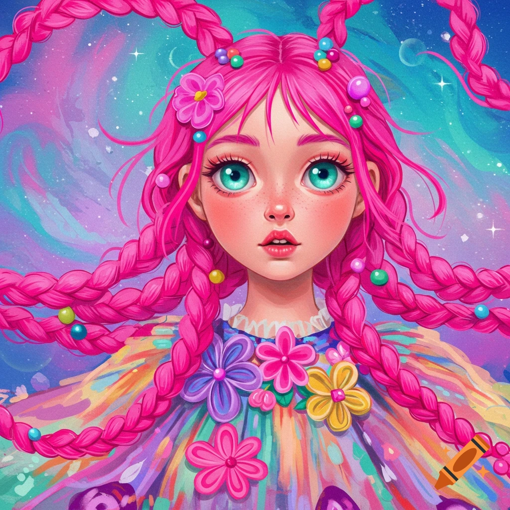 Portrait of a girl with pink braided hair and flowers against a starry sky.