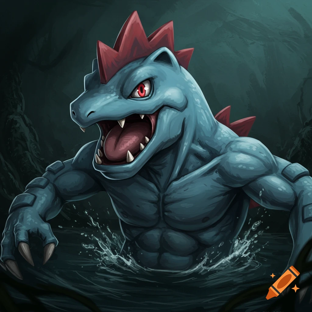 A muscular Feraligatr emerging from dark water