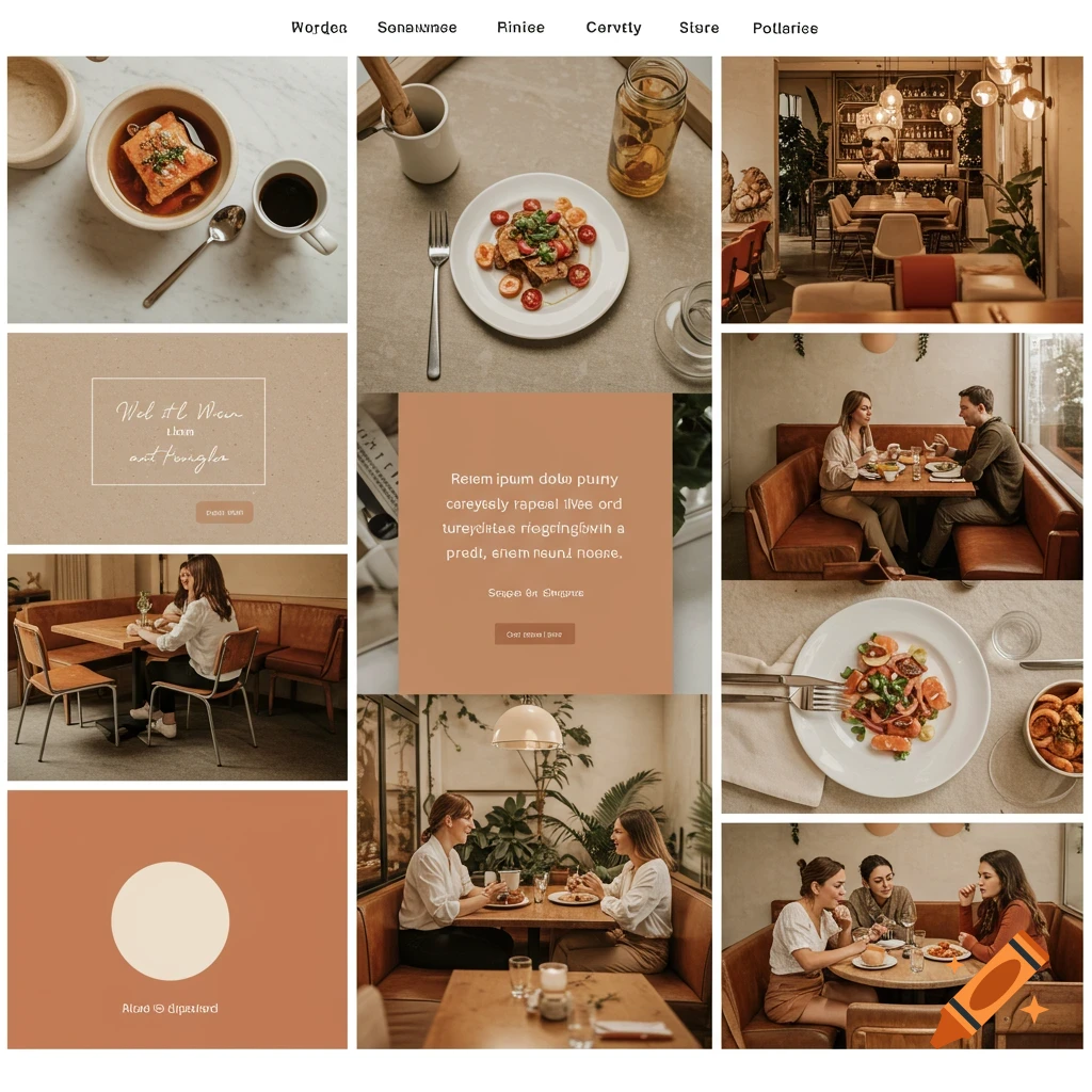 A moodboard featuring photos of food dishes, people dining in a restaurant, and interior views of the restaurant.