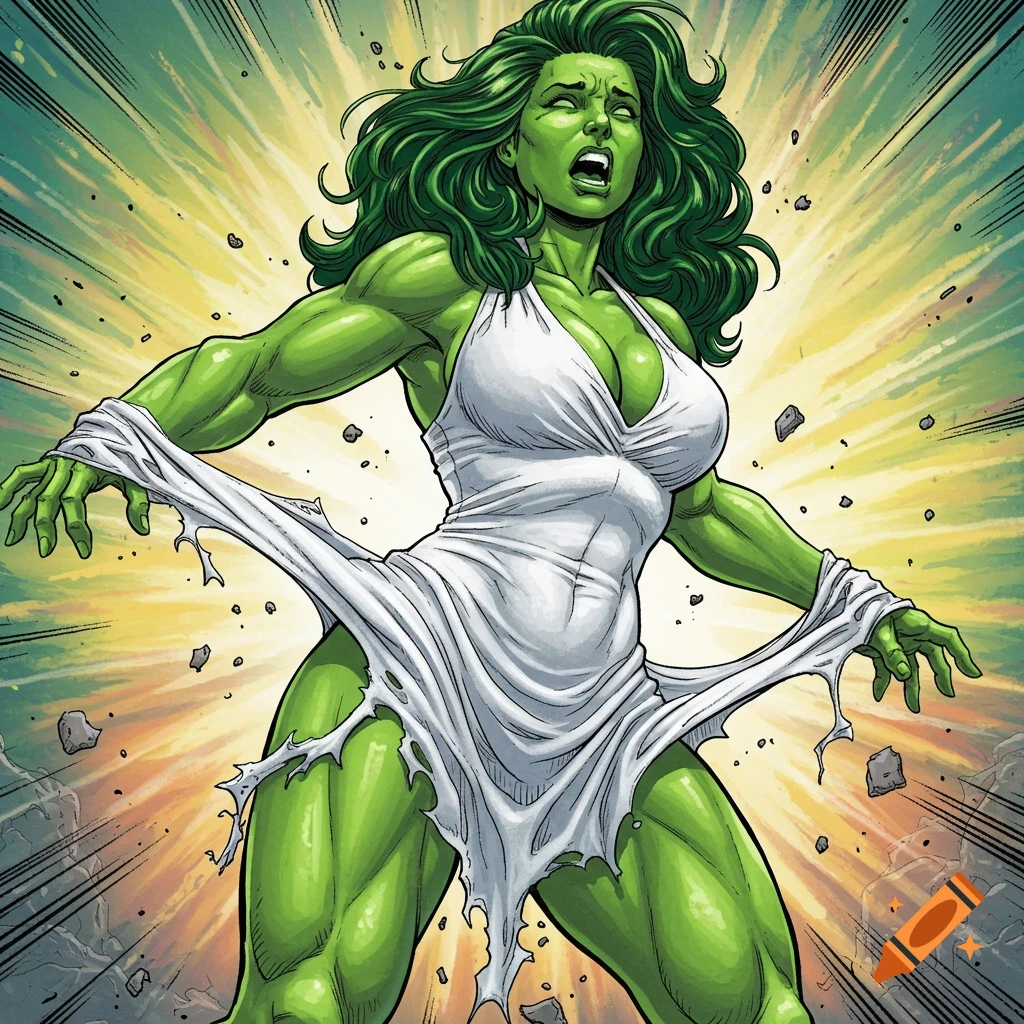 Comic book style image of a green muscular woman in a ripped white dress transforming, surrounded by energy and debris.