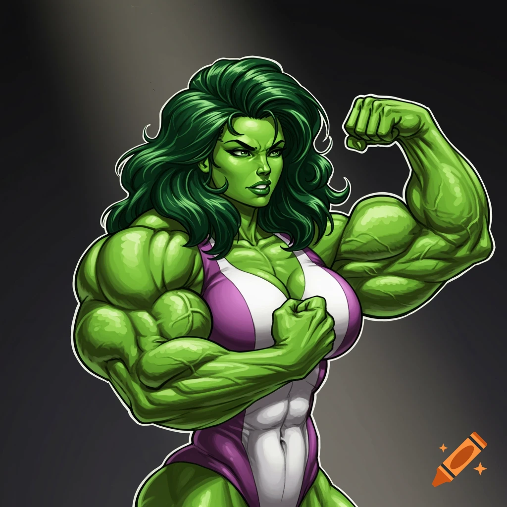 Green-skinned superhero She-Hulk flexing massive biceps in comic book style.