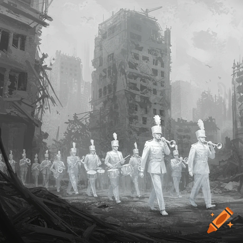 Grayscale image of a ghostly marching band walking through a ruined city.