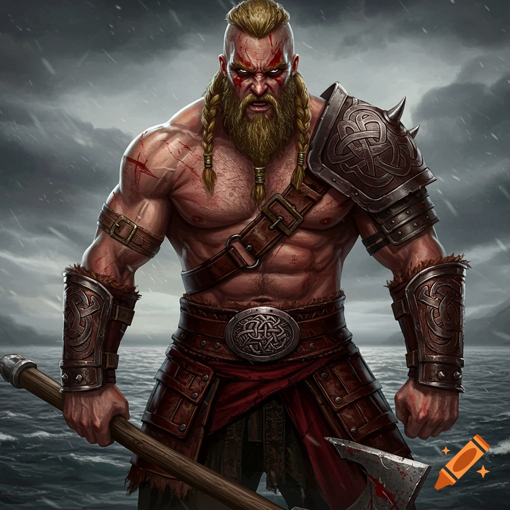 Muscular viking barbarian with braided beard, battle scars, axe, and armor in stormy weather, digital art.