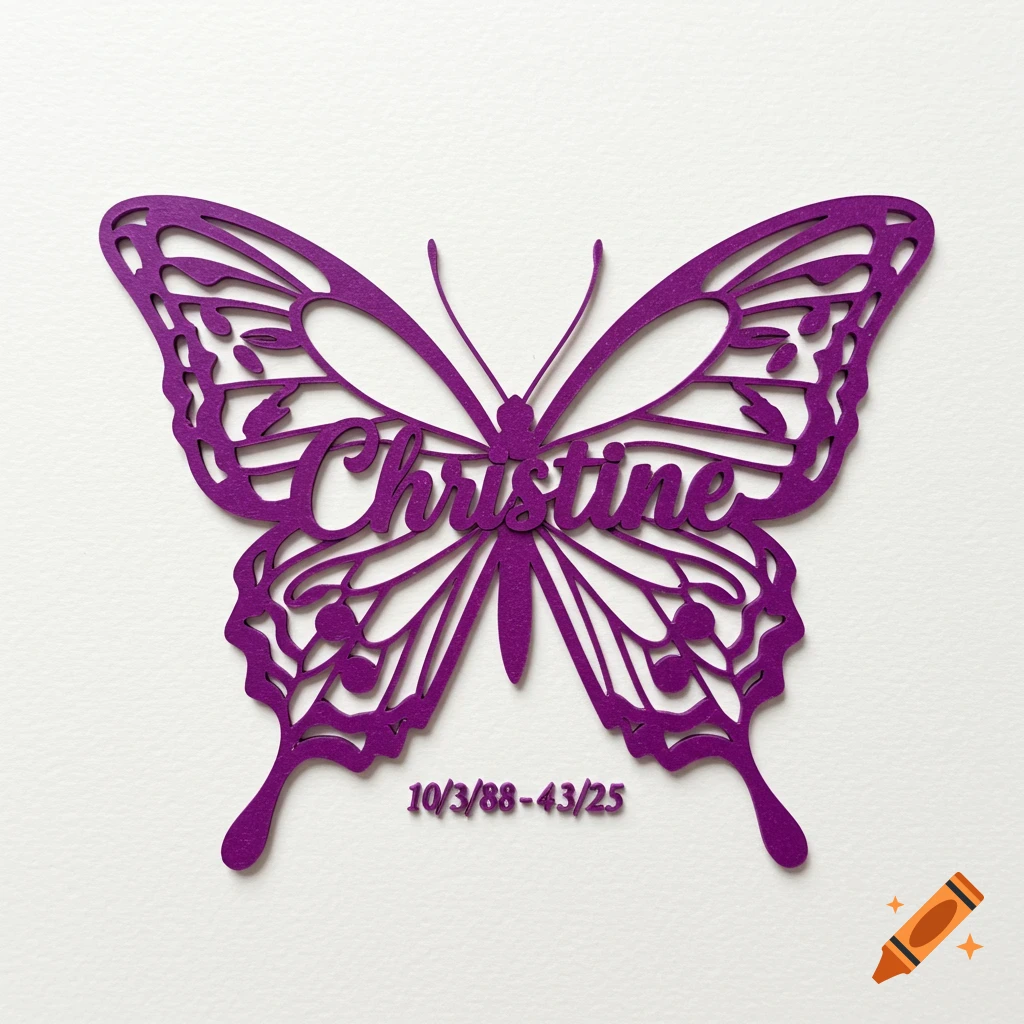 Purple butterfly outline with 'Christine' and '10/3/88-43/25' cut out, on white.