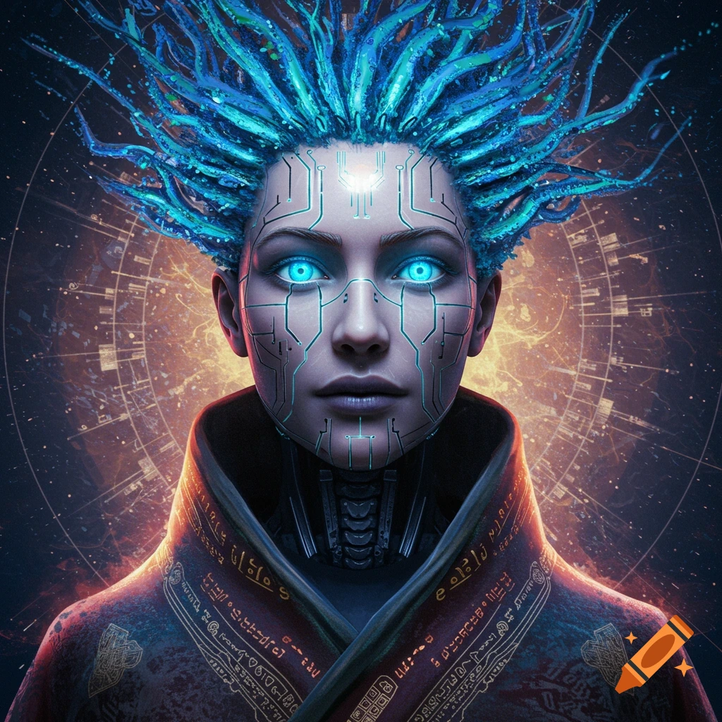 A futuristic figure with glowing eyes, circuit patterns on face, and wire hair.