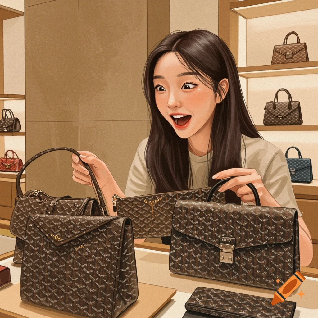 A young woman looks excitedly at handbags in a store.