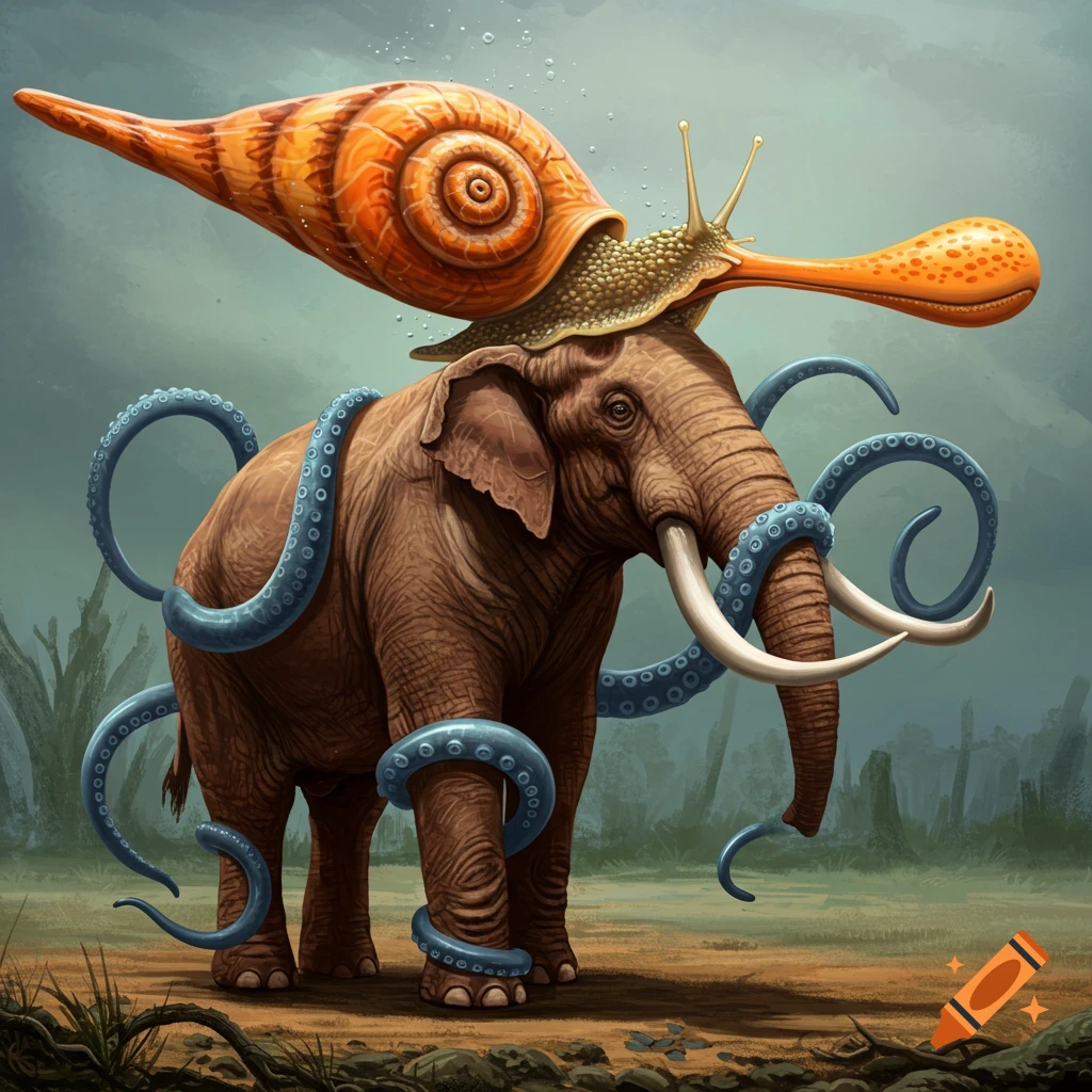An elephant wrapped in blue octopus tentacles, carrying a large orange snail on its head.
