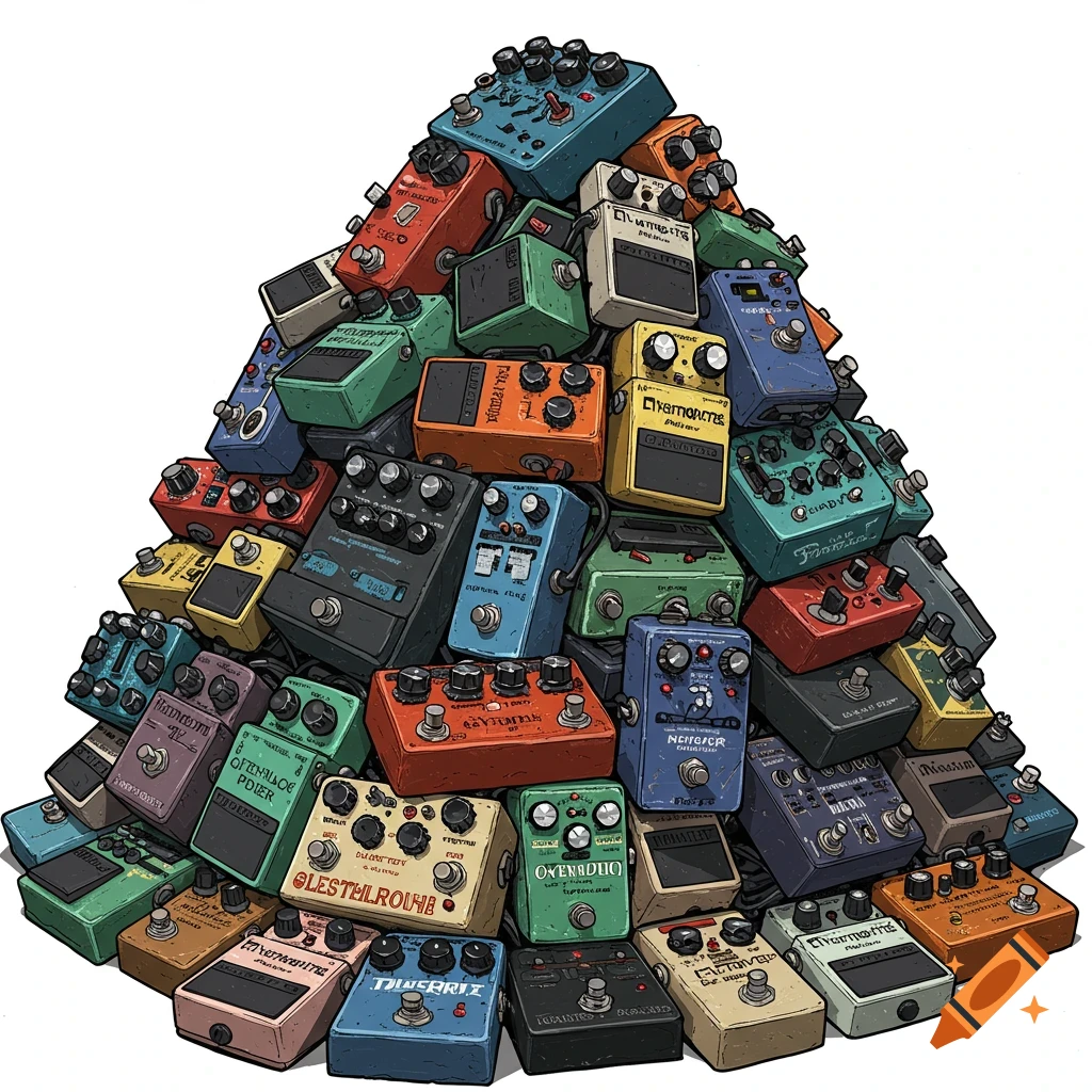 A huge, colorful pile of guitar effects pedals