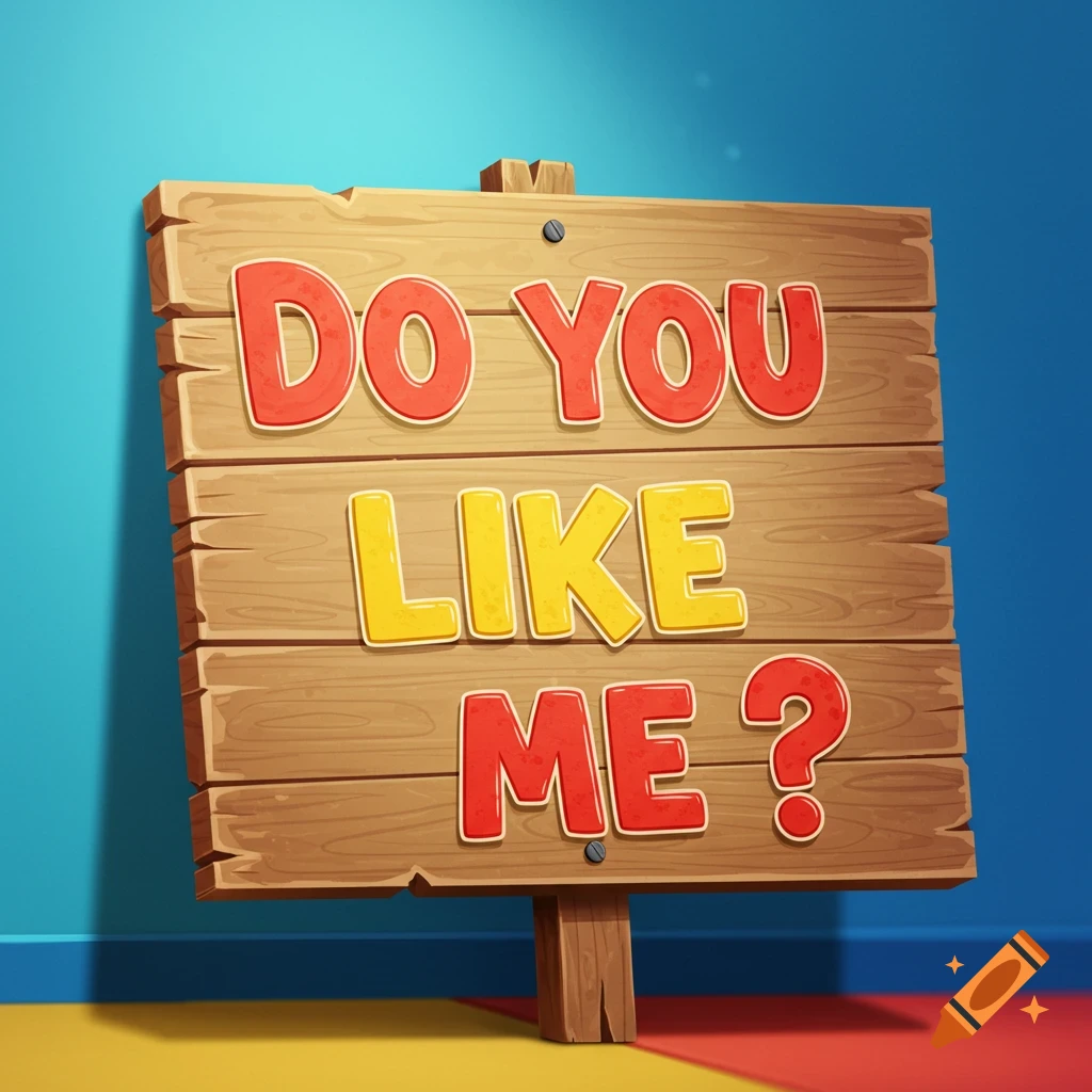 A wooden sign with the text 'DO YOU LIKE ME?' in a cartoonish style.