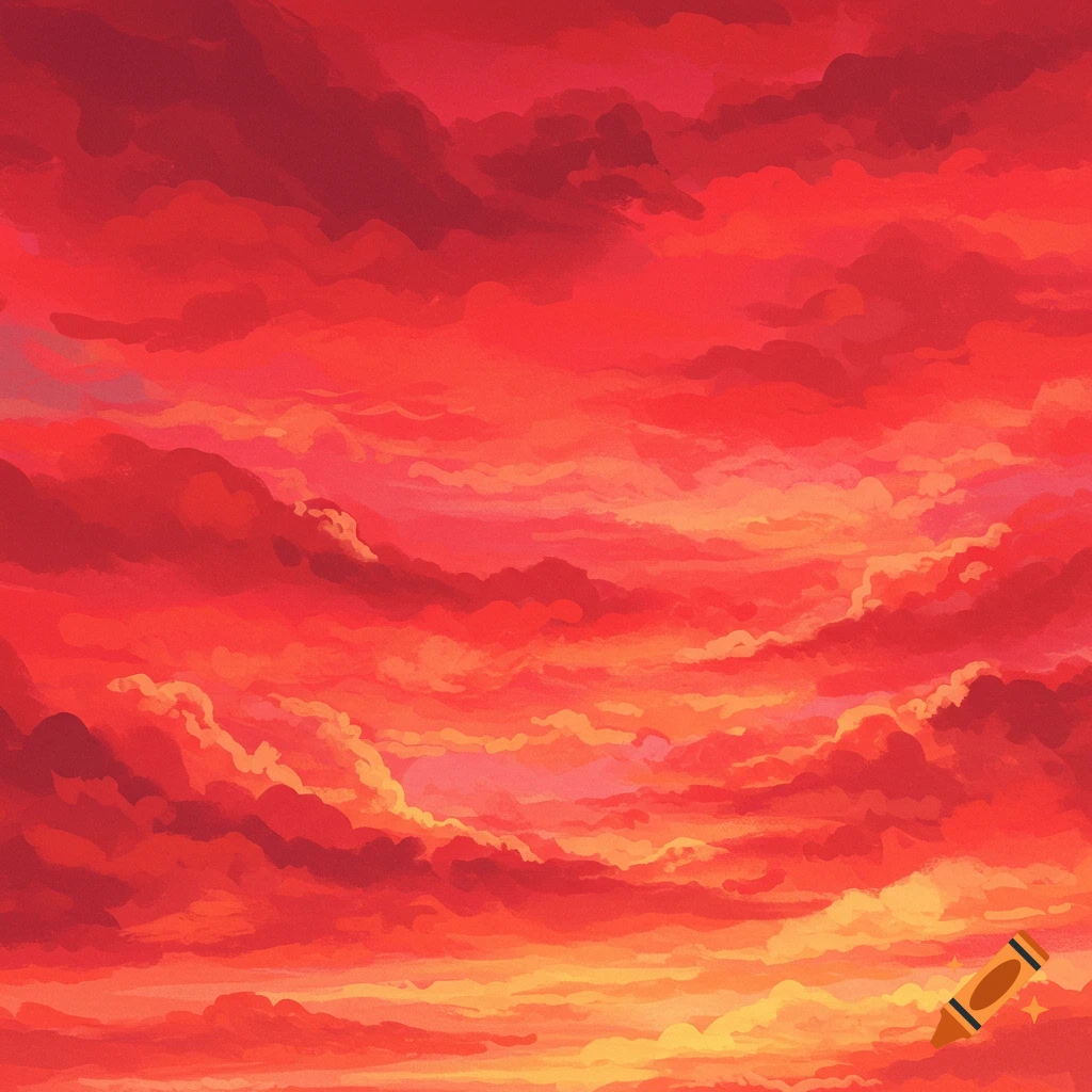 A dramatic red and orange cloudy sky.