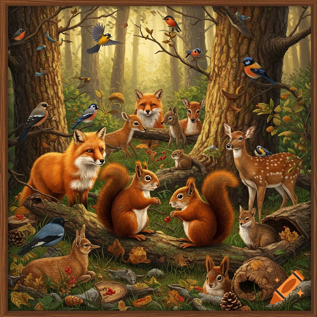 Foxes, deer, squirrels, birds, and a rabbit gathered in a forest setting.