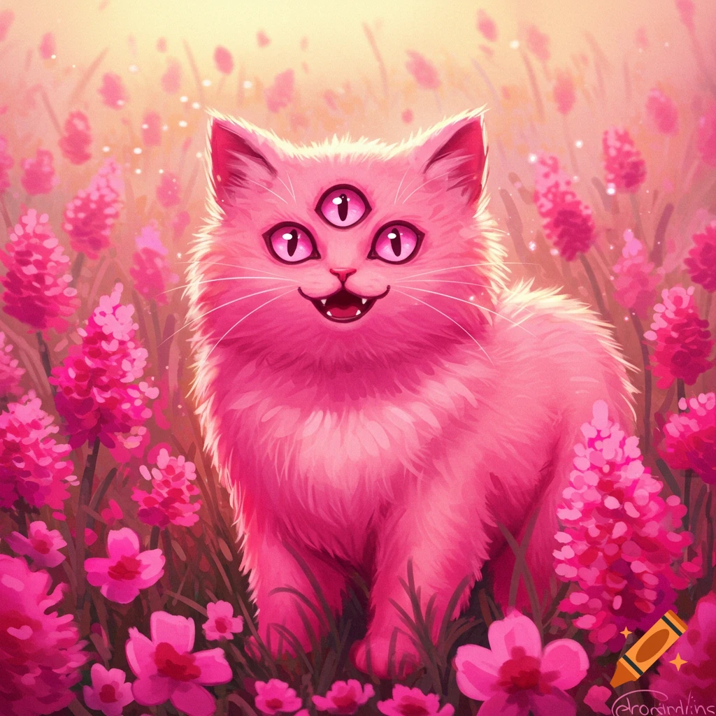 A pink cat with three eyes is sitting in a field of pink flowers.