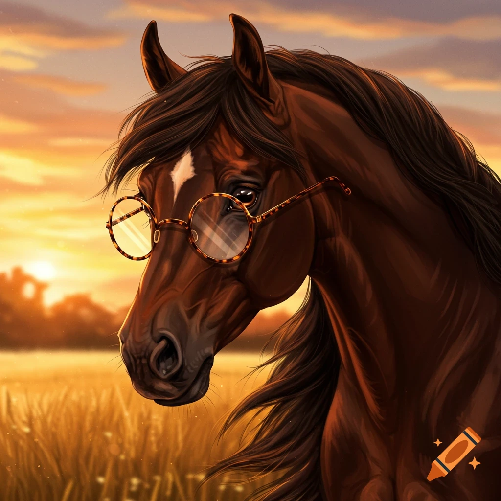 A brown horse wearing round tortoise-shell glasses standing in a field during sunset.