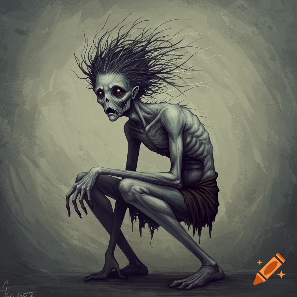 A gaunt creature with dark eyes and wild hair, crouching.