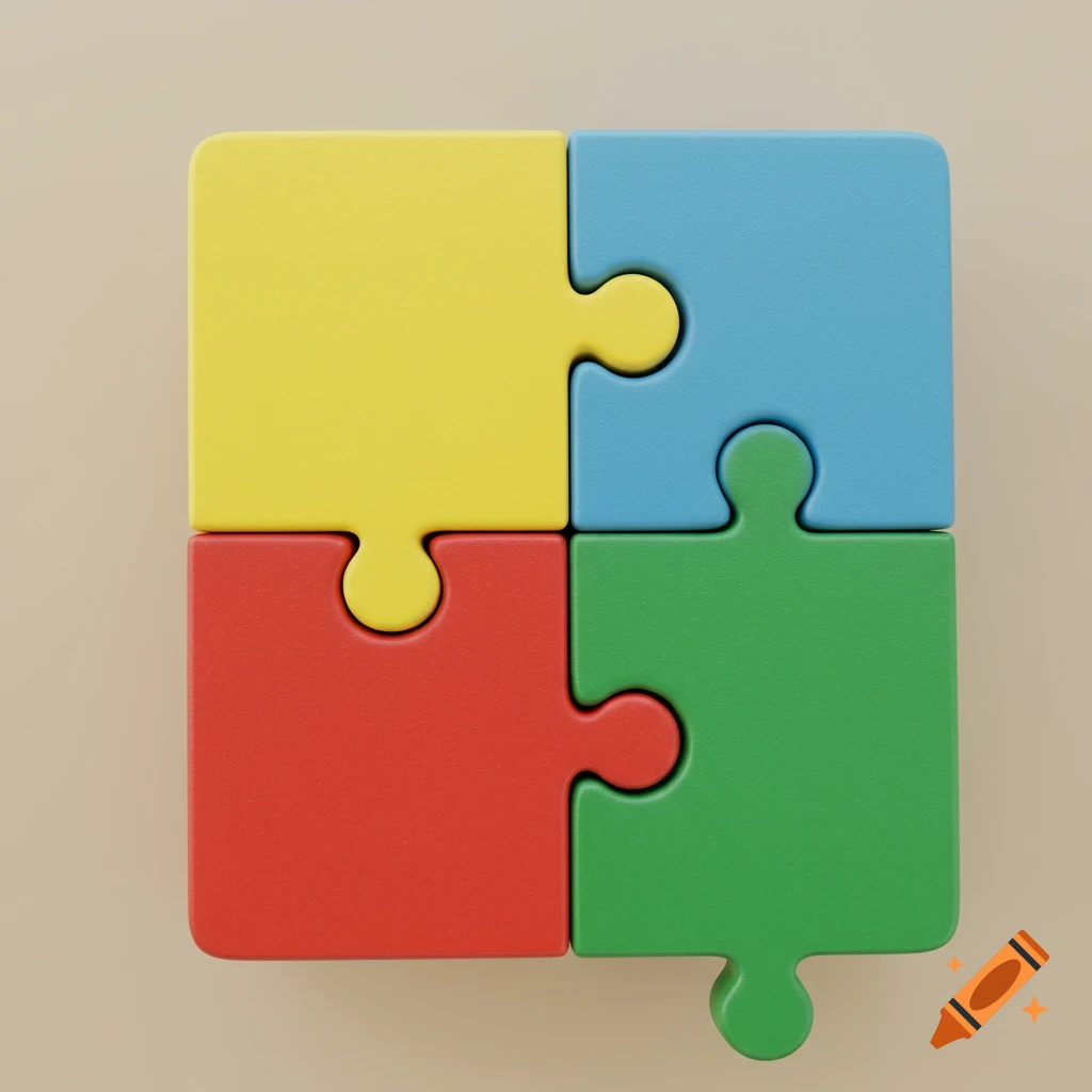 Four colorful puzzle pieces assembled into a square shape.