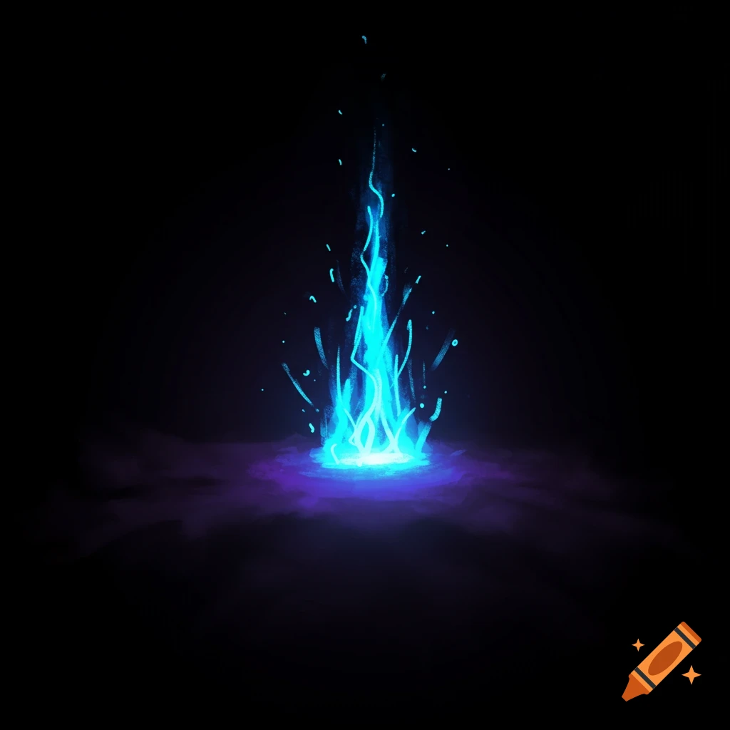 A bright blue spark or flame rising from darkness.