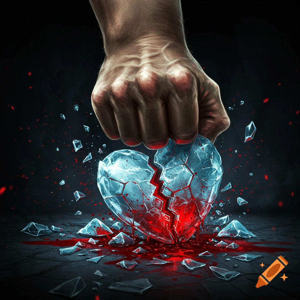 A hand crushes a broken heart made of ice, with blood and shards scattered around.