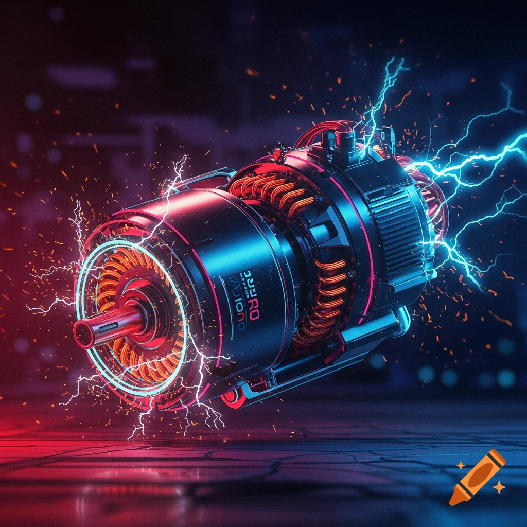 A futuristic motor with lightning effects in red and blue light.
