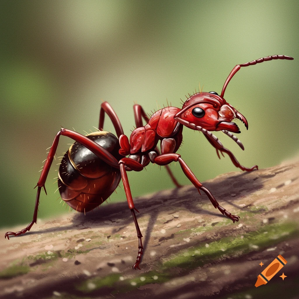 A close-up of a red ant on a log.