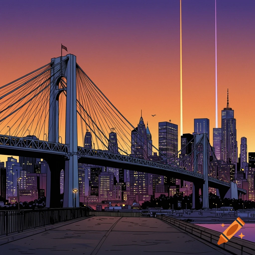 Comic art of a city skyline at dusk with a large bridge and vertical light beams
