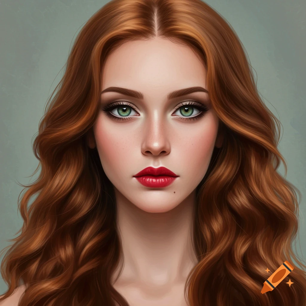 Portrait painting of a woman with long auburn hair, green eyes, and red lipstick