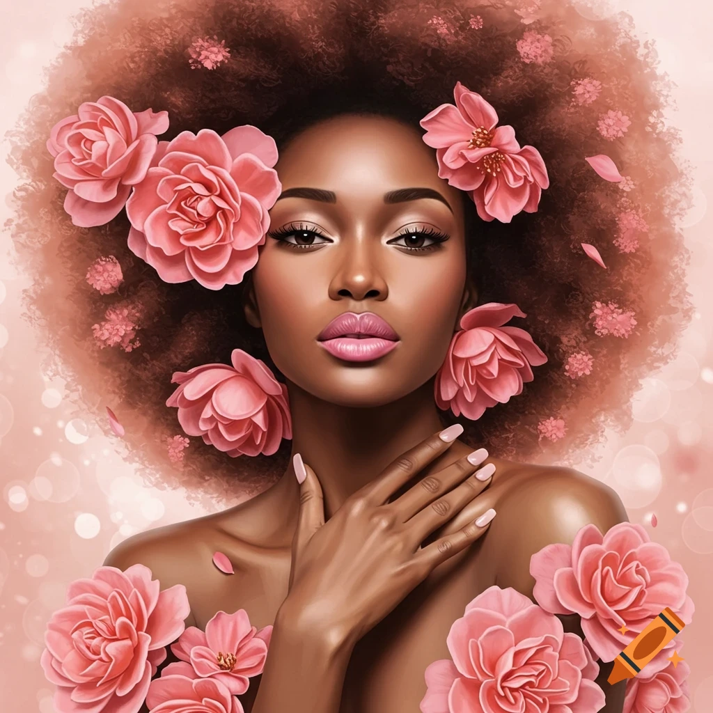 A Black woman with an afro and pink flowers.