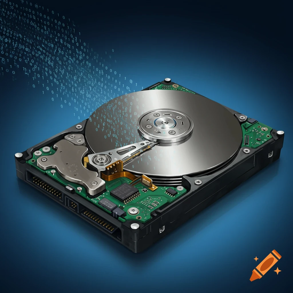 A hard drive with binary data flowing
