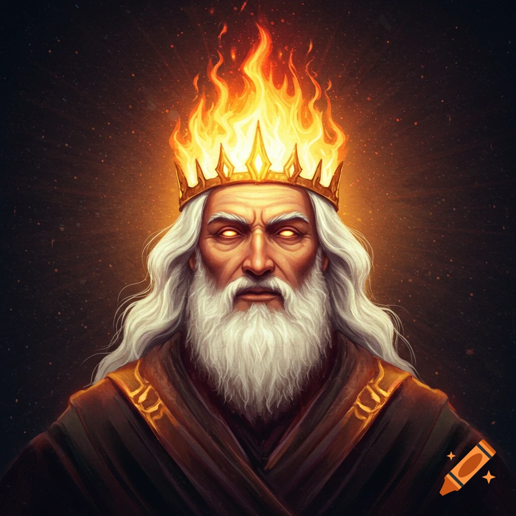 An old man with a white beard, glowing eyes, and a burning crown