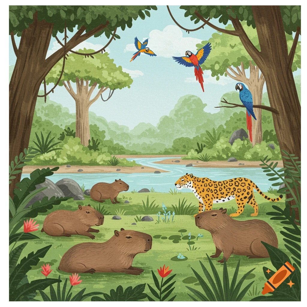 Children's book illustration of capybaras, jaguar, and macaws in a vibrant jungle scene.
