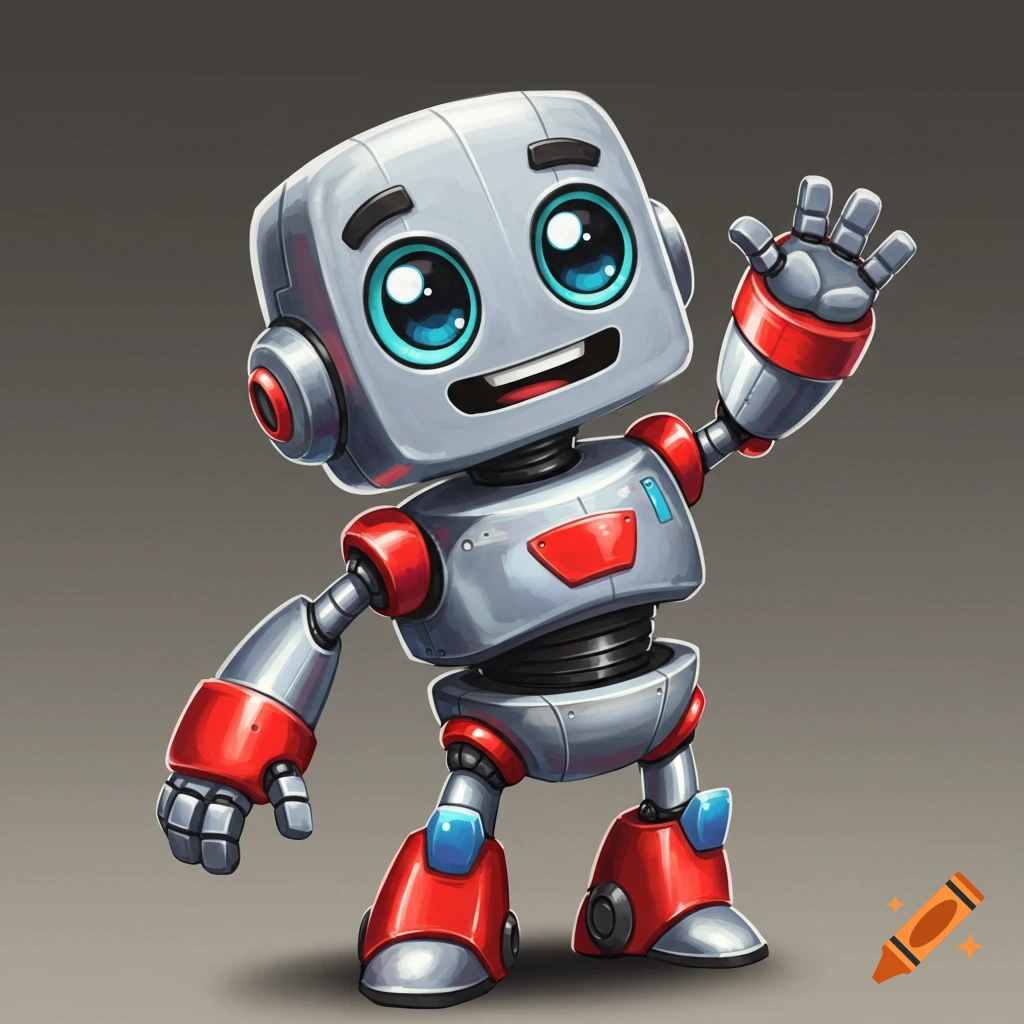 A cute, stylized mascot robot with big eyes waves.