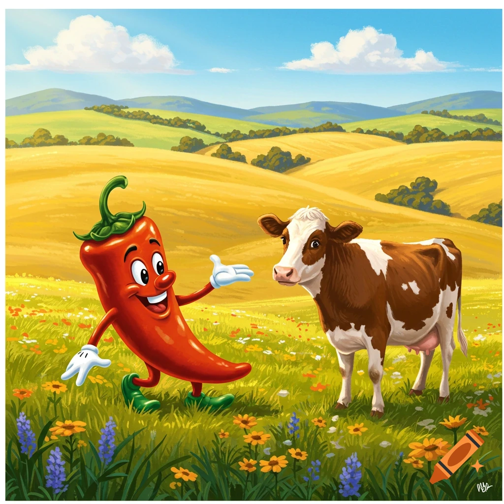A cartoon chili pepper character stands in a sunny field with a cow.
