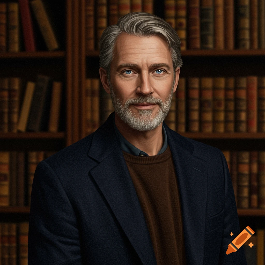A distinguished man with grey hair and beard, wearing a navy jacket and brown sweater, standing in front of bookshelves.