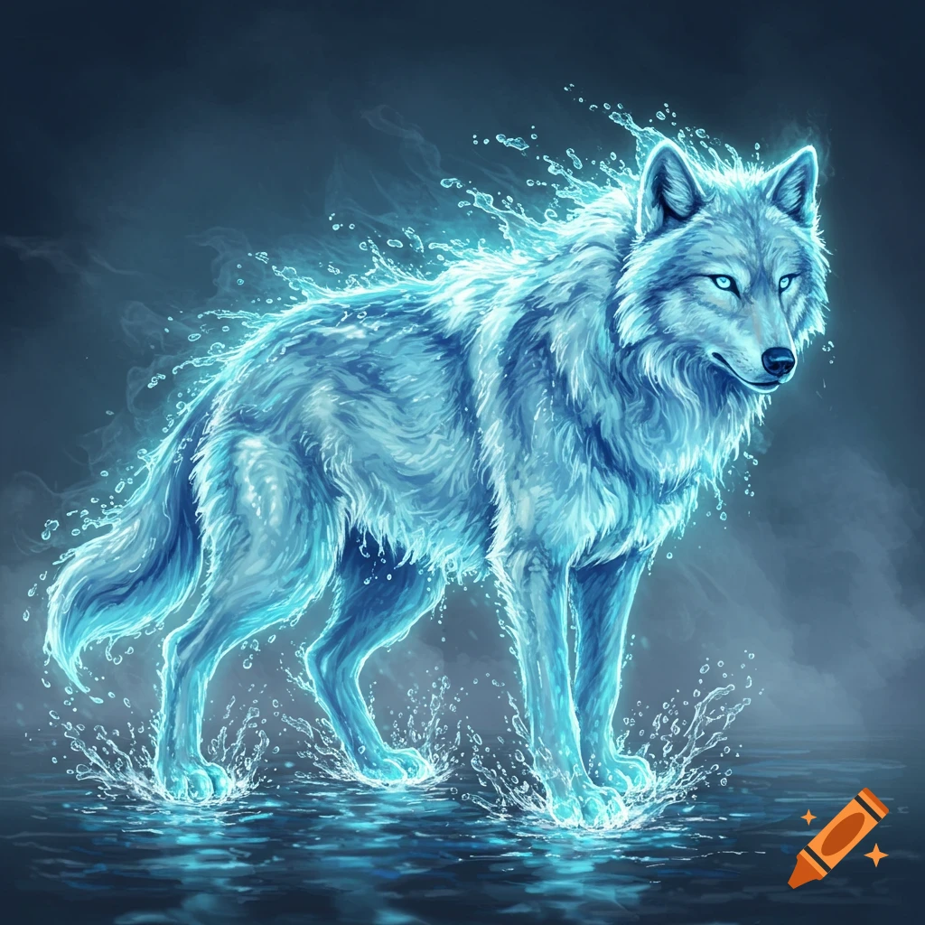 A glowing blue wolf made of water standing in splashes