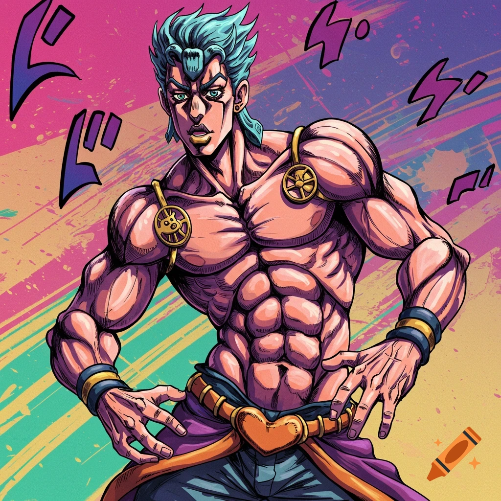 Muscular anime character in a dynamic pose with background text effects