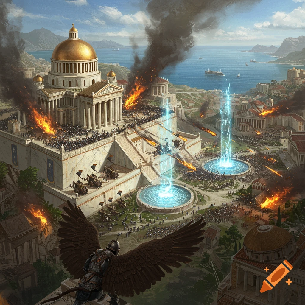 Dramatic eagle-eye image of a classical city under siege with fire, smoke, soldiers, siege engines, magical energy, and a winged figure.